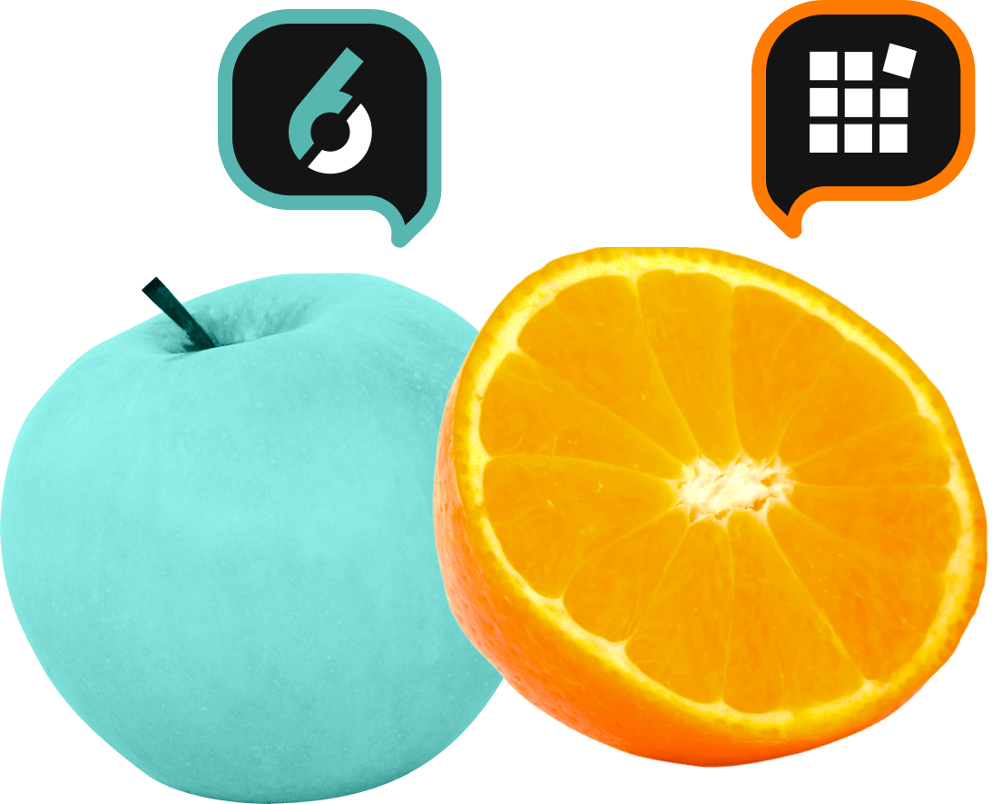 Teal-colored apple with 6sense logo and a half orange with Metadata logo, symbolizing a comparison between two distinct elements.
