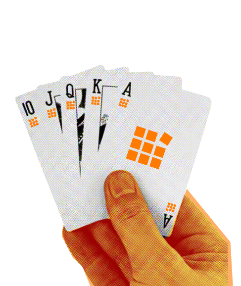 Hand holding a royal flush of playing cards (10, J, Q, K, A), each card featuring the Metadata logo in the corner.