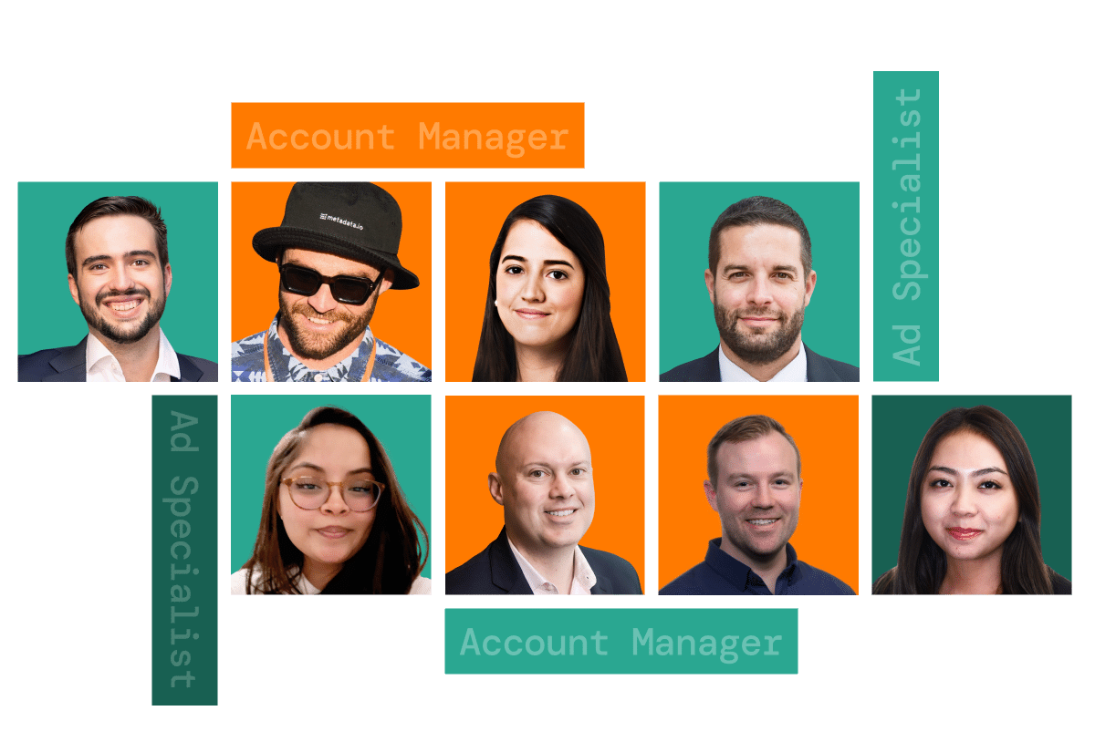 Grid of team members' headshots with roles labeled as 'Account Manager' and 'Ad Specialist,' each on colored backgrounds in orange and green