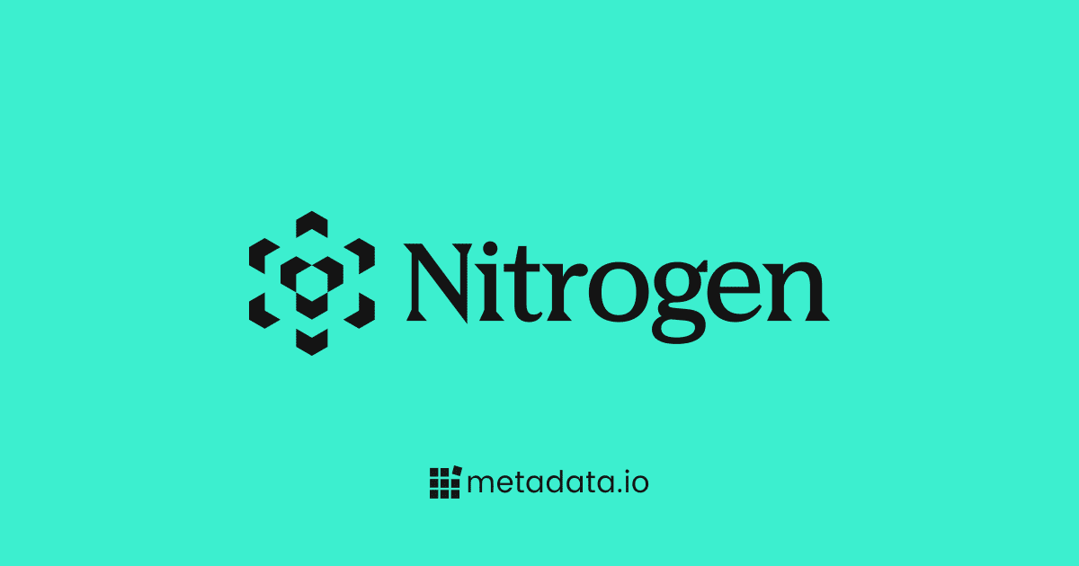 Nitrogen logo in black on a teal background, featuring a geometric hexagonal icon. Below, the metadata.io logo is displayed.